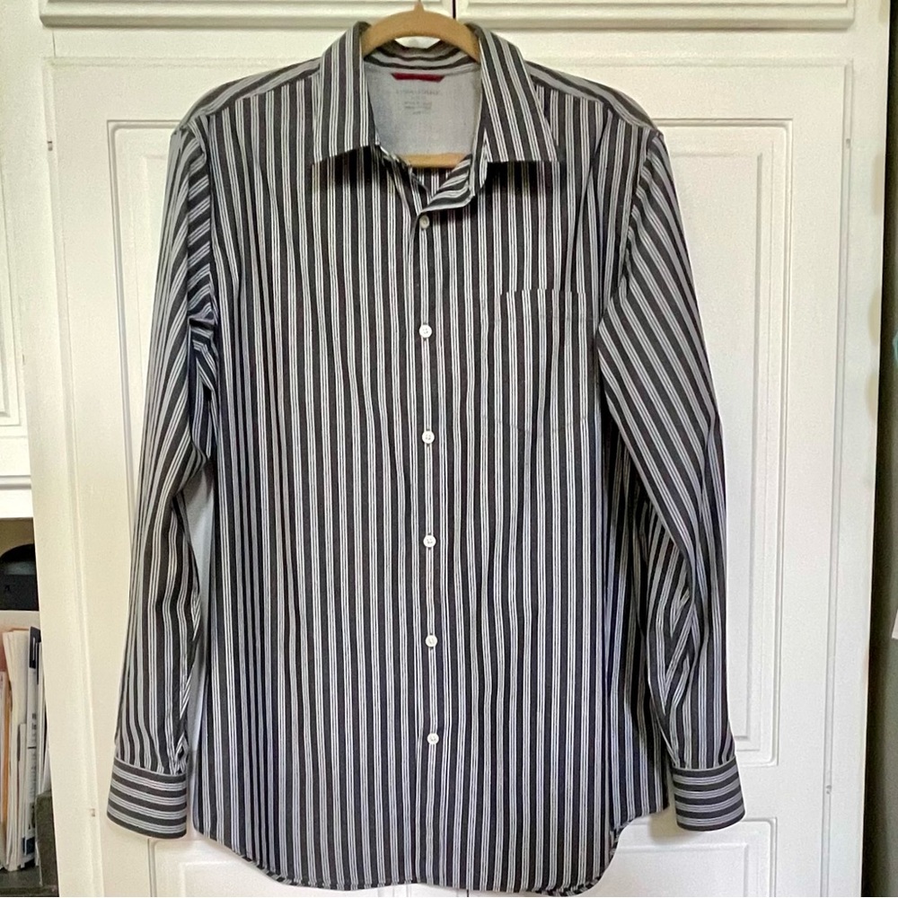 Banana Republic Black and White Vertical Stripe Dress Shirt L Slim-Fit